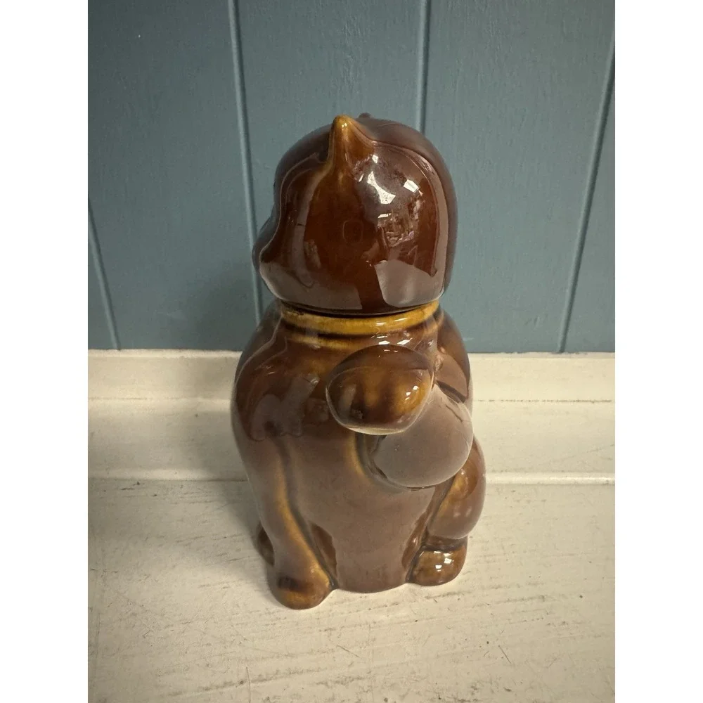 Vintage Sitting Cat Teapot Kitten Brown Glaze Paw Spout Bow Tie 7
